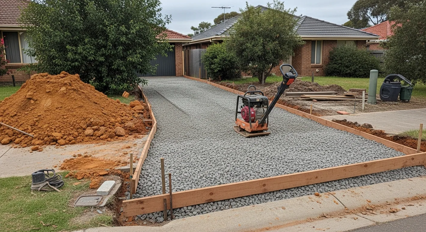 Compacted crushed rock base within formwork, with excavated orange clay piled beside it