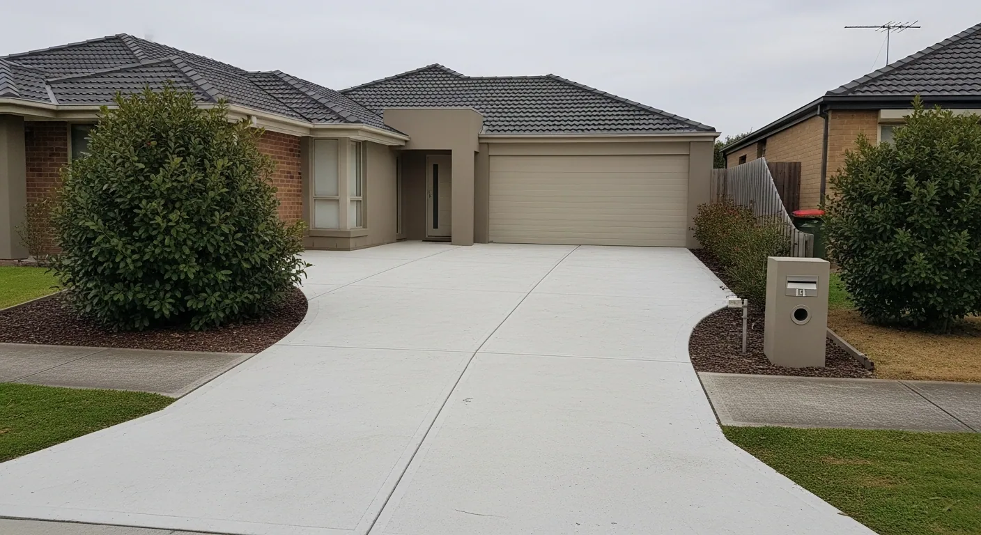 Finished plain concrete driveway with evenly spaced control joints and a broom finish
