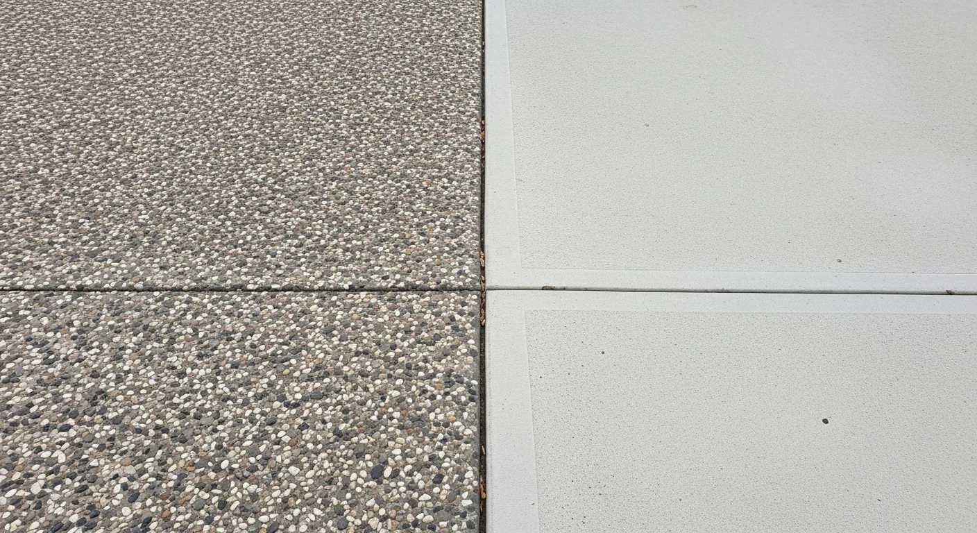 Junction between exposed aggregate driveway and plain concrete at a clean expansion joint