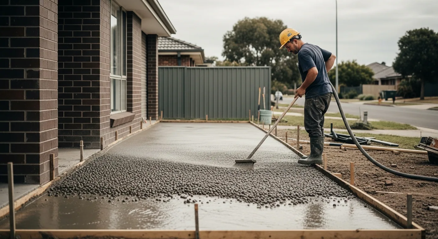 Concreter washing back fresh concrete to expose the aggregate beneath the surface