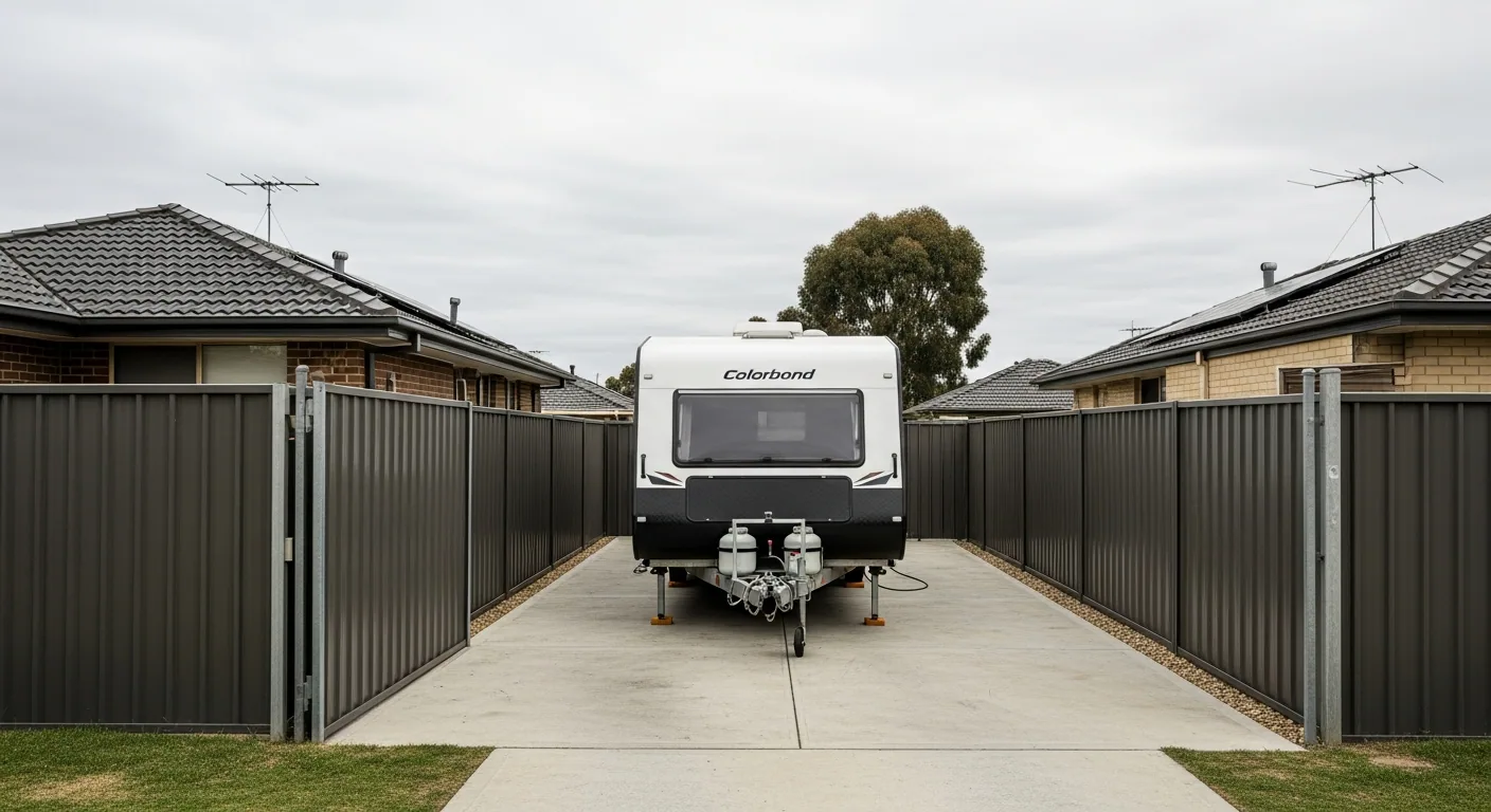 Caravan parked on a concrete side-access slab behind an open sliding gate