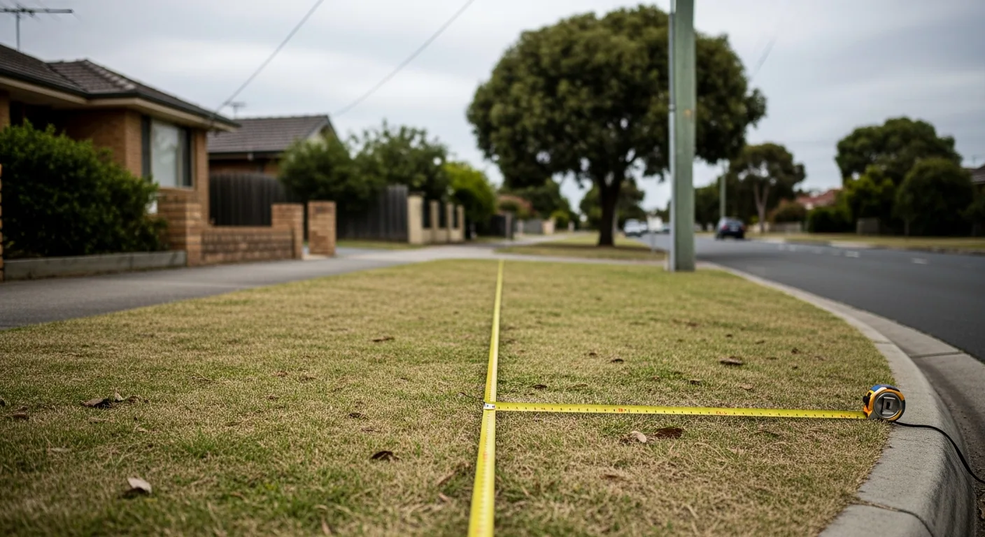 Measuring along the kerb between crossover positions with a street tree and pole nearby