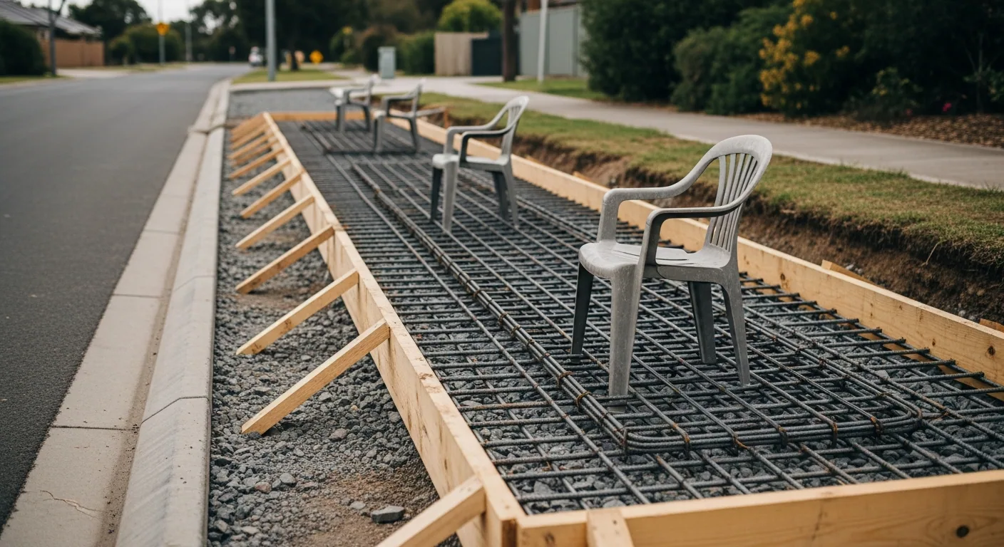 Reinforcing mesh on bar chairs over compacted crushed rock, formed up ready for the pour
