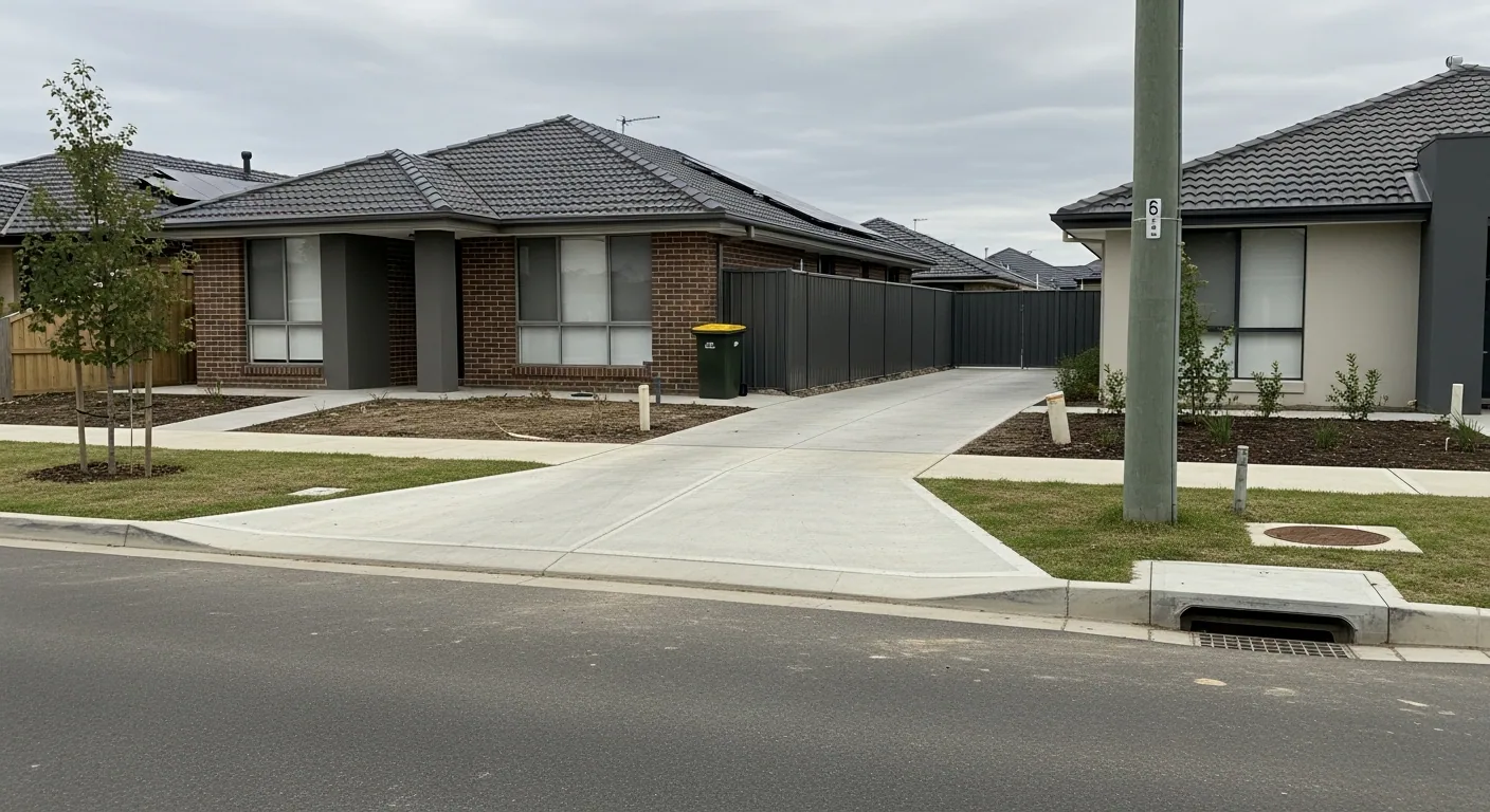 Completed crossover meeting the kerb with a power pole and drainage pit nearby on the nature strip