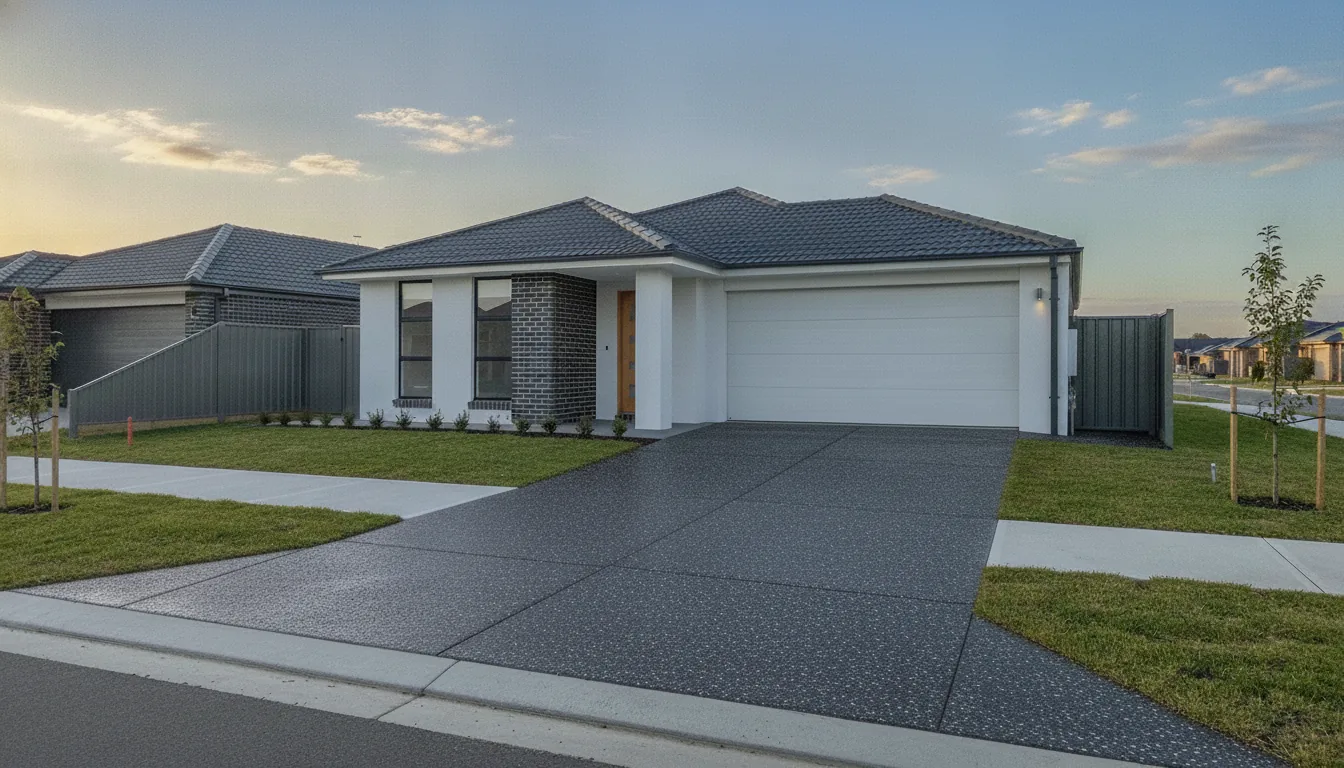 After — Black Onyx exposed aggregate driveway on a new Melton estate home